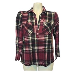 New York Laundry Burgundy Pink Plaid Button-Front Henley